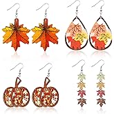 4 Pairs Fall Thanksgiving Earrings for Women Autumn Red Maple Leaf Earrings Wood Pumpkin Shape Dangle Ear-rings Thanksgiving Celebration Party Holiday Jewelry Gifts for Her