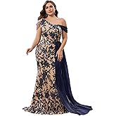 BluePlum Plus Size One-Shoulder Mermaid Evening Gown with Sequin & Beaded, Embroidered Formal Maxi Dress with Flowing Tail