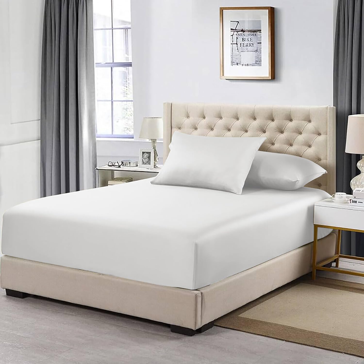 MistyMorning Extra Deep Fitted Sheet 16''/40cm, Egyptian Cotton bed sheets with 200 Thread Count, Soft & Premium quality Bedding & Linen (White, Double)