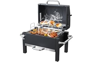 BBQCuker Portable Charcoal Grill with Warming Rack, Tabletop Charcoal Grill, Small BBQ Grill with Thermometer(100-800°F), Outdoor Charcoal Smoker for Camping, Picnic, Hiking, Beach and Travel