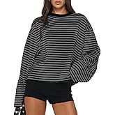 Cioatin Women Oversized Long Sleeve Striped Tee Shirt Tops Y2K Aesthetic Preppy Crewneck Sweatshirt Pullover Fall Outfits