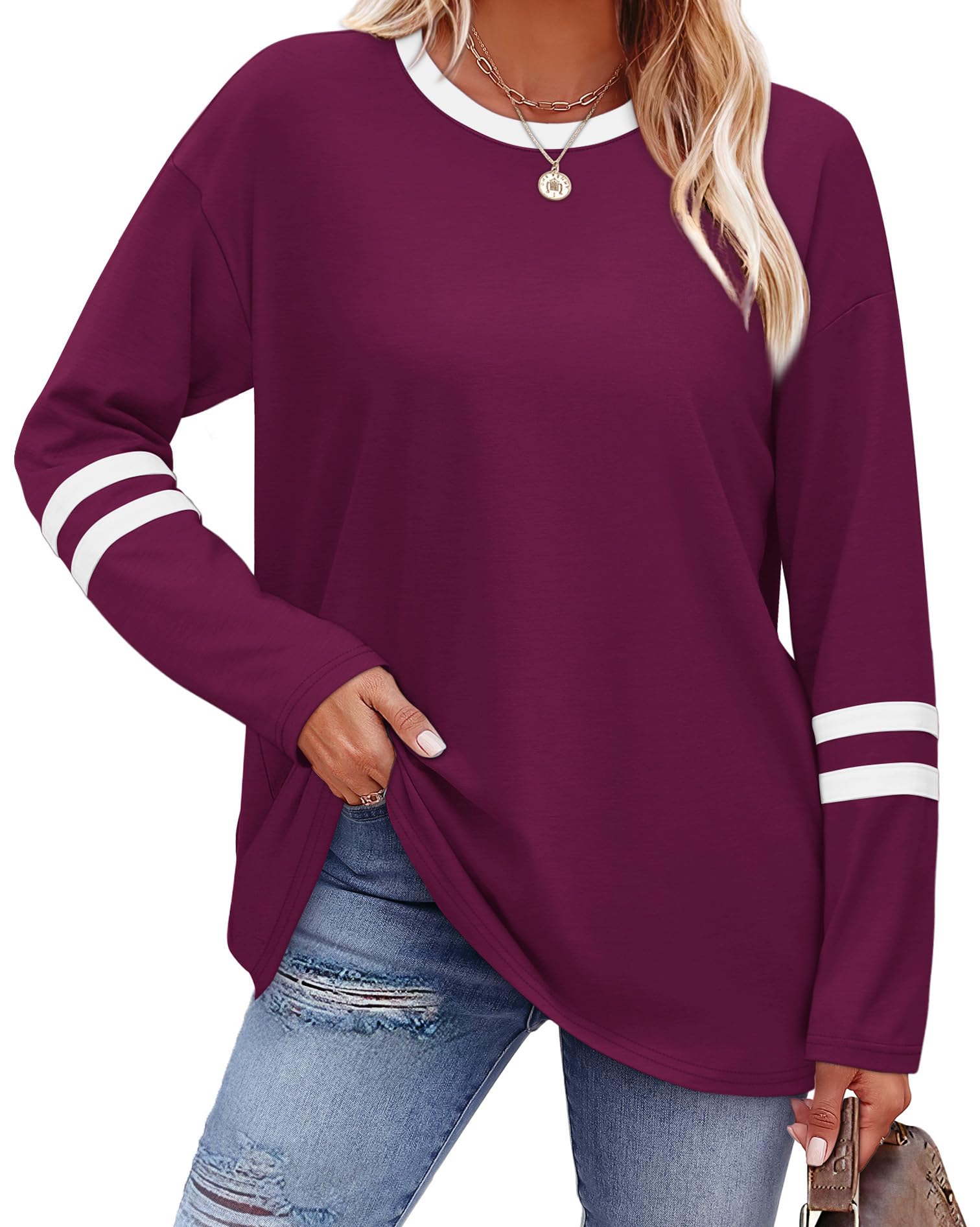 Photo 1 of Sampeel Plus Size Tops for Women Long Sleeve Shirts for Women Color Block Sporty Style Casual Tops Womens Fall Fashion 2025 Basic Tees Oversized Tshirts Work Outfits Trendy Clothes Purple 2XL