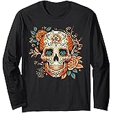 Day Of Dead Sugar Skull Floral Skeleton Head Bone Skull Long Sleeve T-Shirt
