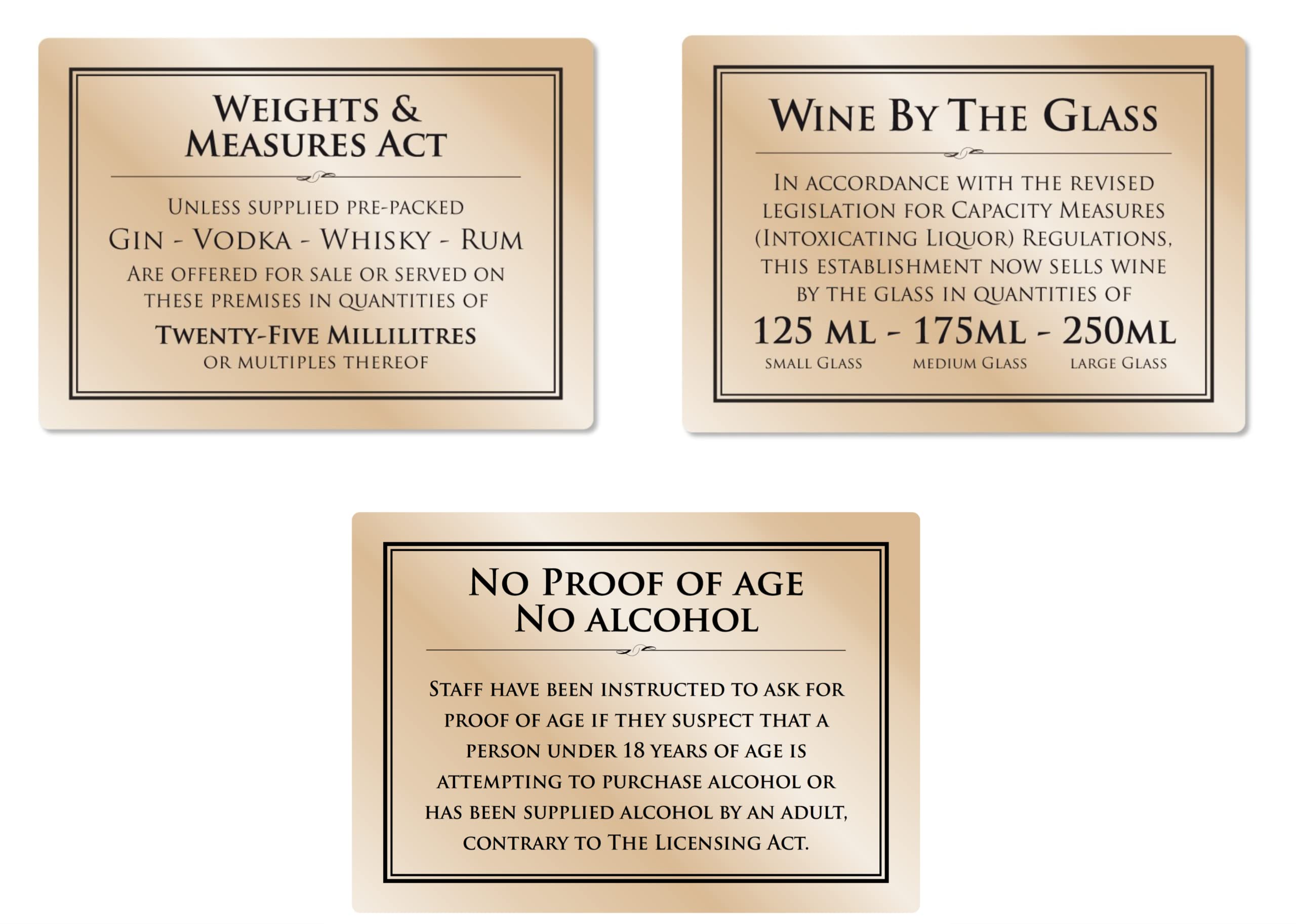 Weights & Measures Act 25ml Gold Sign Wine by the Glass 125ml 175ml 250ml - Pack of 3 Signs in GOLD