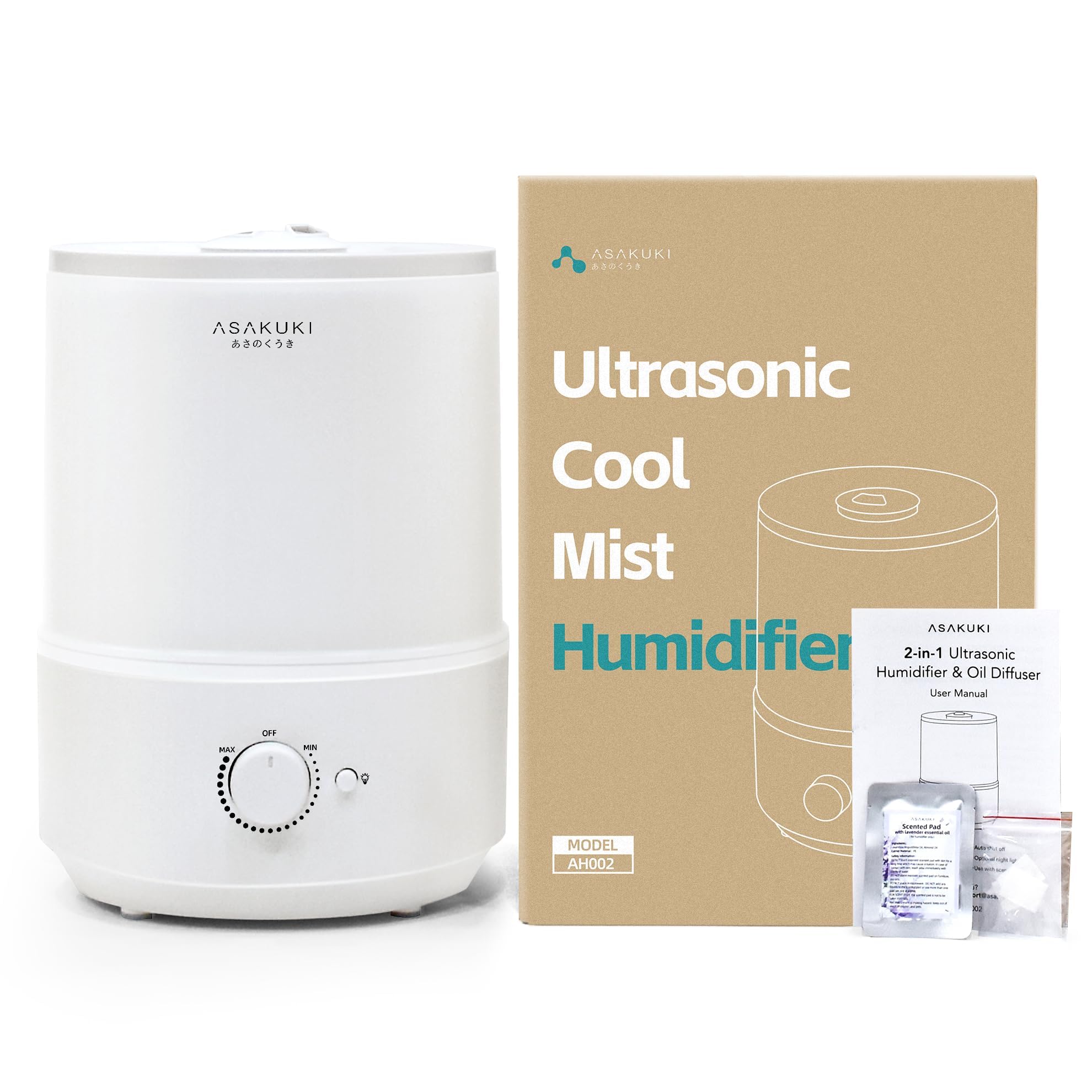 ASAKUKI Humidifiers for Bedroom, 3L Top Fill Cool Mist Air Humidifier & Aroma Diffuser with Night Light for Baby Nursery & Plants, Ultrasonic Quiet, Easy Clean, Auto Shut-Off, BPA Safe, 30H