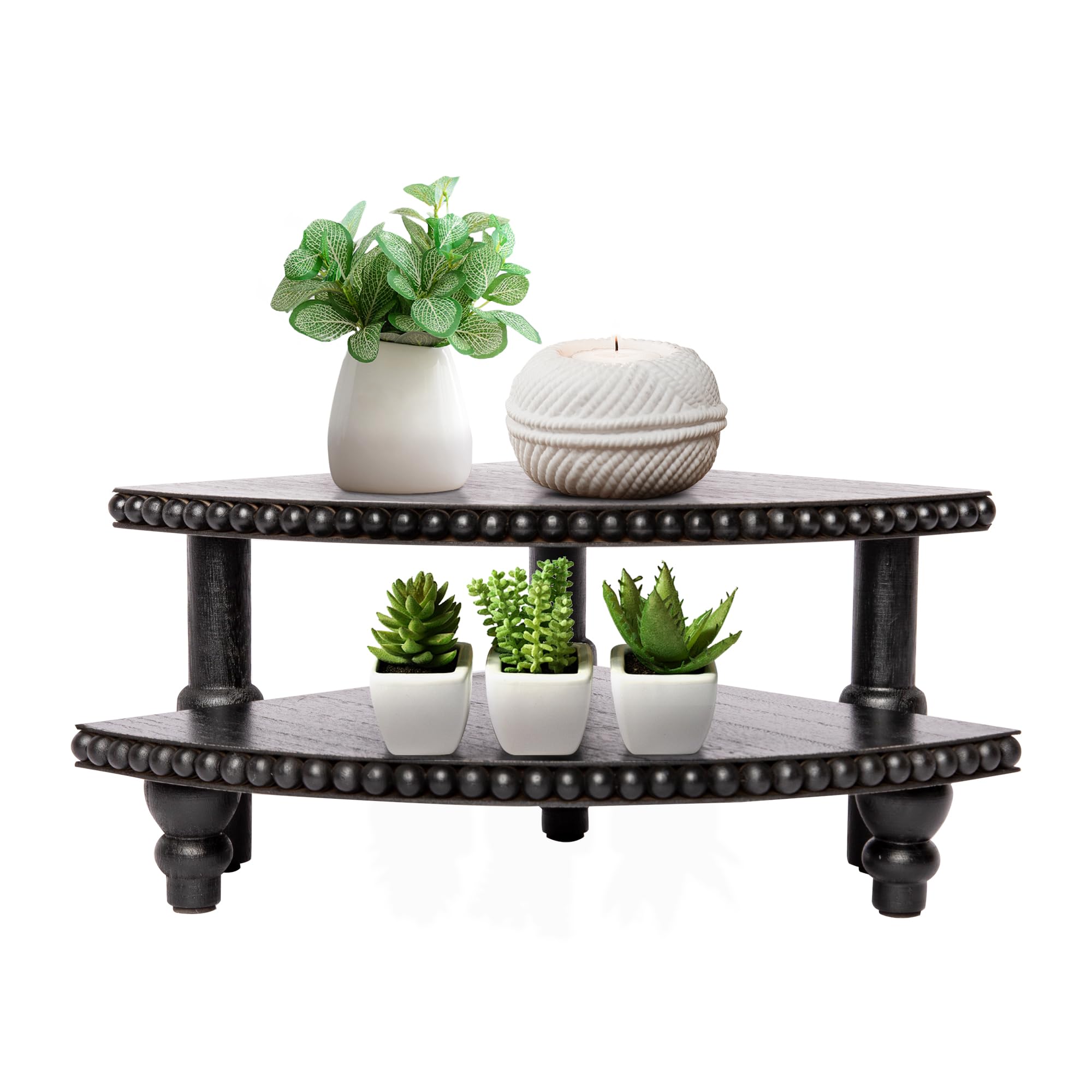 Photo 1 of **NOT IN ORIGINAL BOX**Defined Deco 2 Tier Corner Pedestal Stand Rustic Decor Riser for Display - Farmhouse Wood Beaded Tray Kitchen Bathroom Countertop Organizer for Coffee Bar, Plant Stand, Black Stackable Corner Shelf