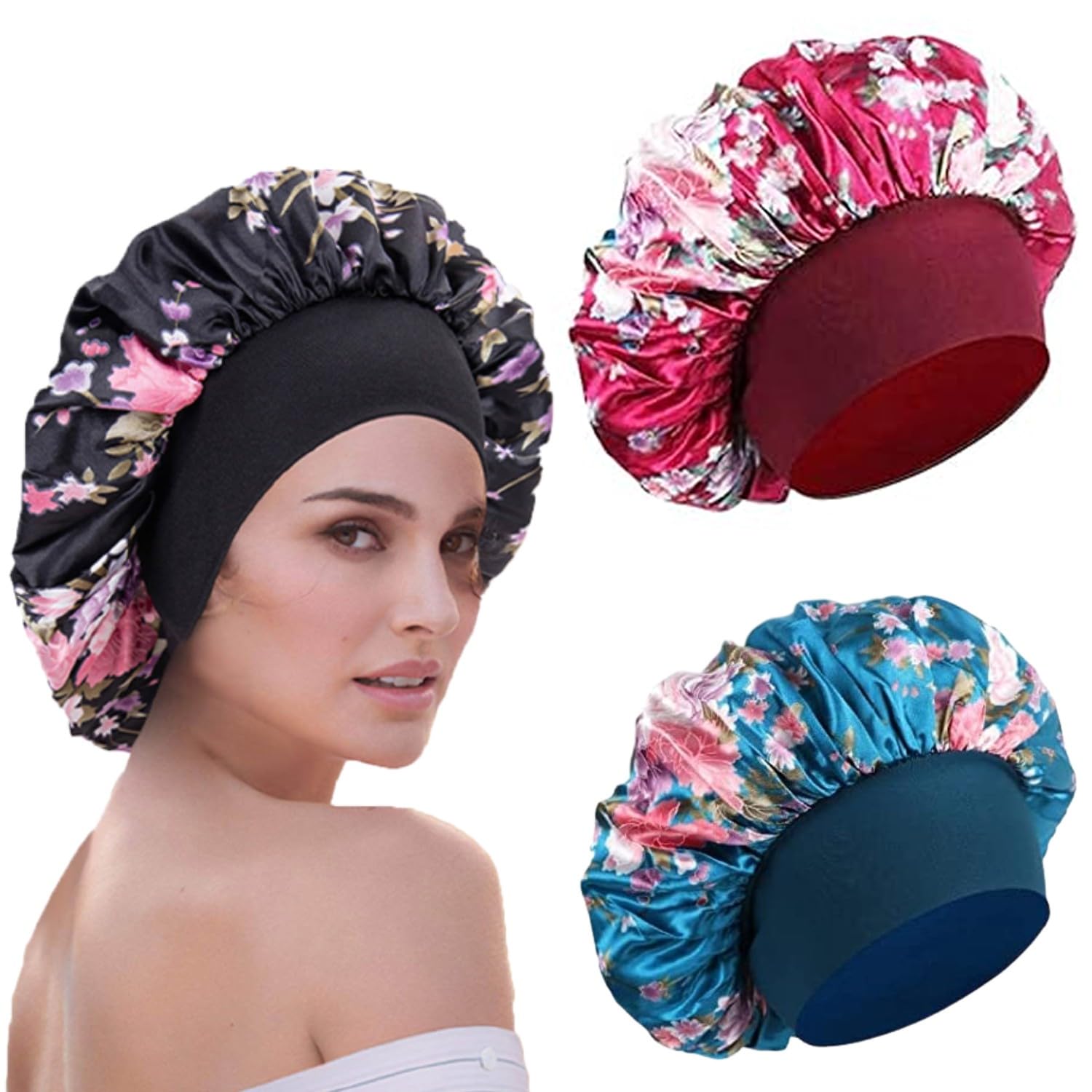WUBAYI Silk Bonnet & Night Sleeping Cap - 3 Pcs Soft Satin Bonnets for Sleep Care, Curly Hair Protection (Blue & Black & Red)