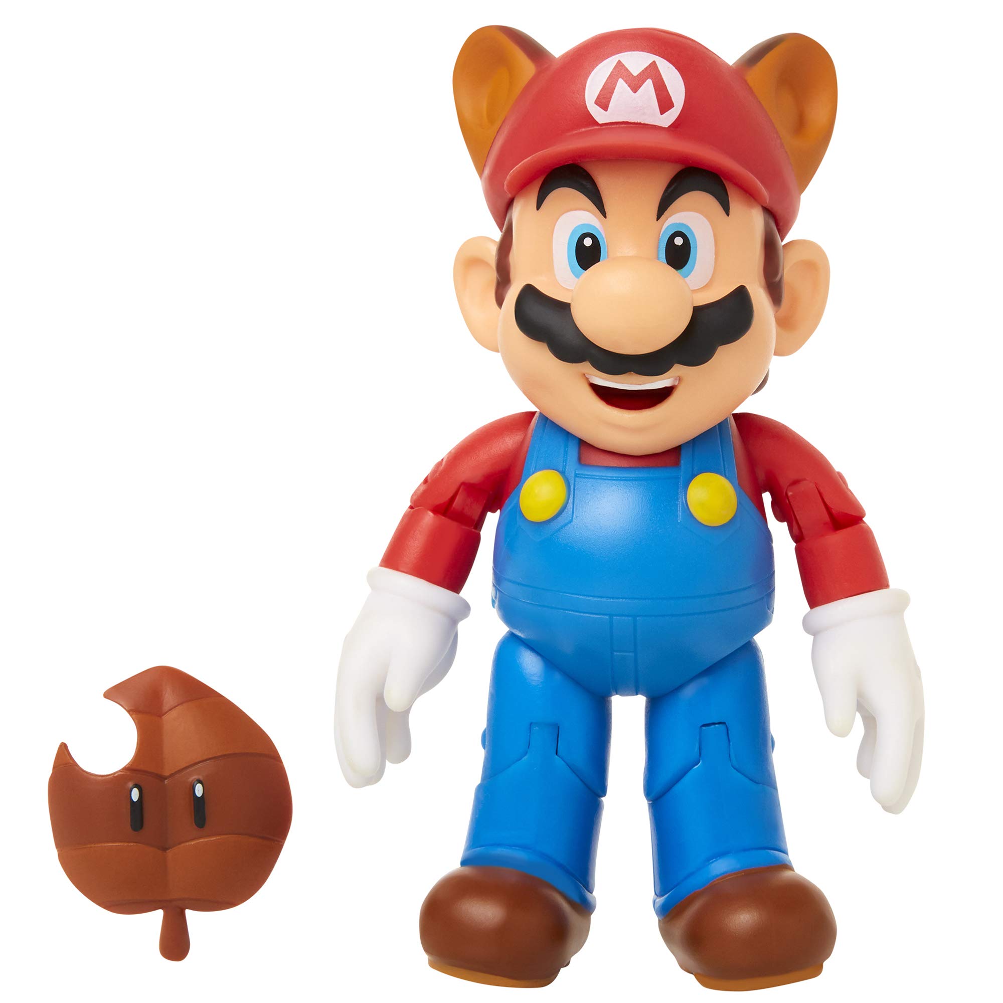 Nintendo Raccoon Mario Figure, 4" / 10cm Posable Articulated Action Figure with Super Leaf Accessory, Perfect for Kids and Collectors