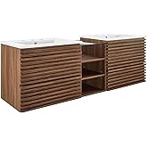 Modway Render 62 Inch Mid-Century Modern Floating Bathroom Vanity with Double Sink in Walnut White – Wall-Mount Vanity with S