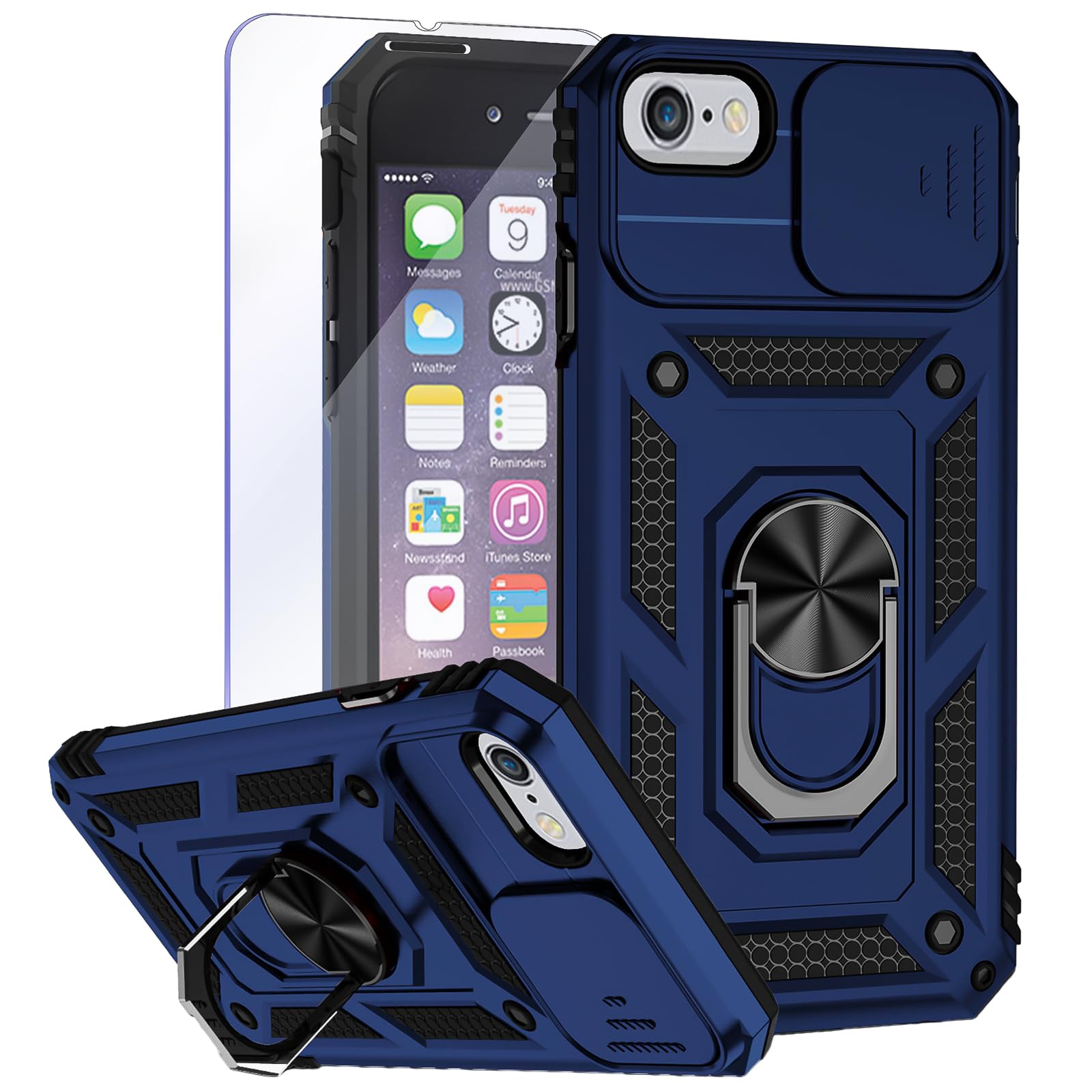 Teayoha Camera Case for iPhone SE 2022/2020, iPhone 7/8,with Screen Protectors, Military Grade Shockproof Cover with Magnetic Rotatable Ring Kickstand Protective Case (4.7-Inch),Blue