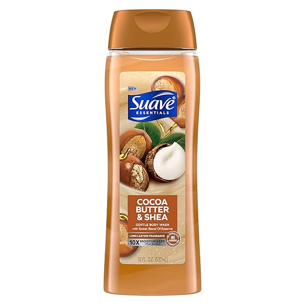 SUAVE ESSENTIALS GENTLE BODY WASH, COCOA BUTTER & SHEA WITH A SWEET OIL BLEND ESSENCE, INFUSED WITH VITAMIN E & HONEY EXTRACT 18 OZ