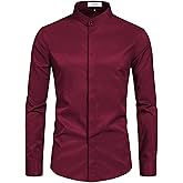 VANCOOG Men’s Banded Collar(Mandarin Collar) Long Sleeve Casual Solid Fancy Dress Shirts