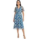 Maggy London Womens Women's Empire Waist Flutter Sleeve V-Neck Midi - Sheer Mesh Overlay A-line Cocktail Dress
