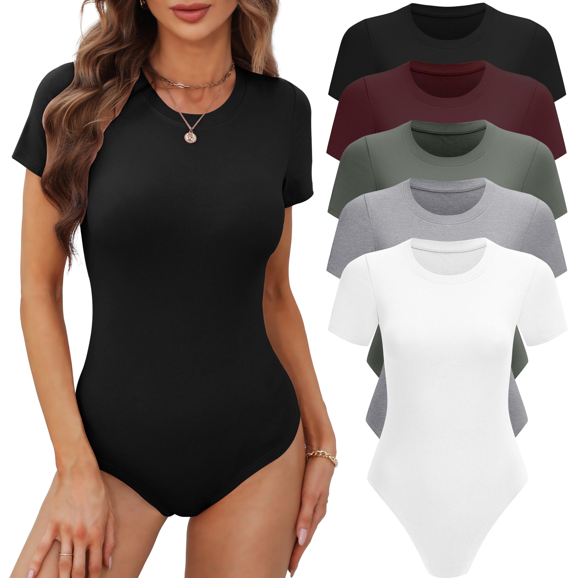 Photo 1 of BALENNZ Women's 5 Pack Short Sleeve Round Neck Bodysuit Tops Crew Neck Basic Casual Stretchy Tshirt Bodysuits Meduim