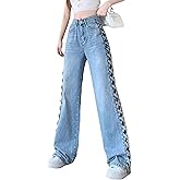 SEMATOMALA Women's Side Criss Cross Hollow Out Denim Pants High Waisted Straight Leg Y2K Jean Pants