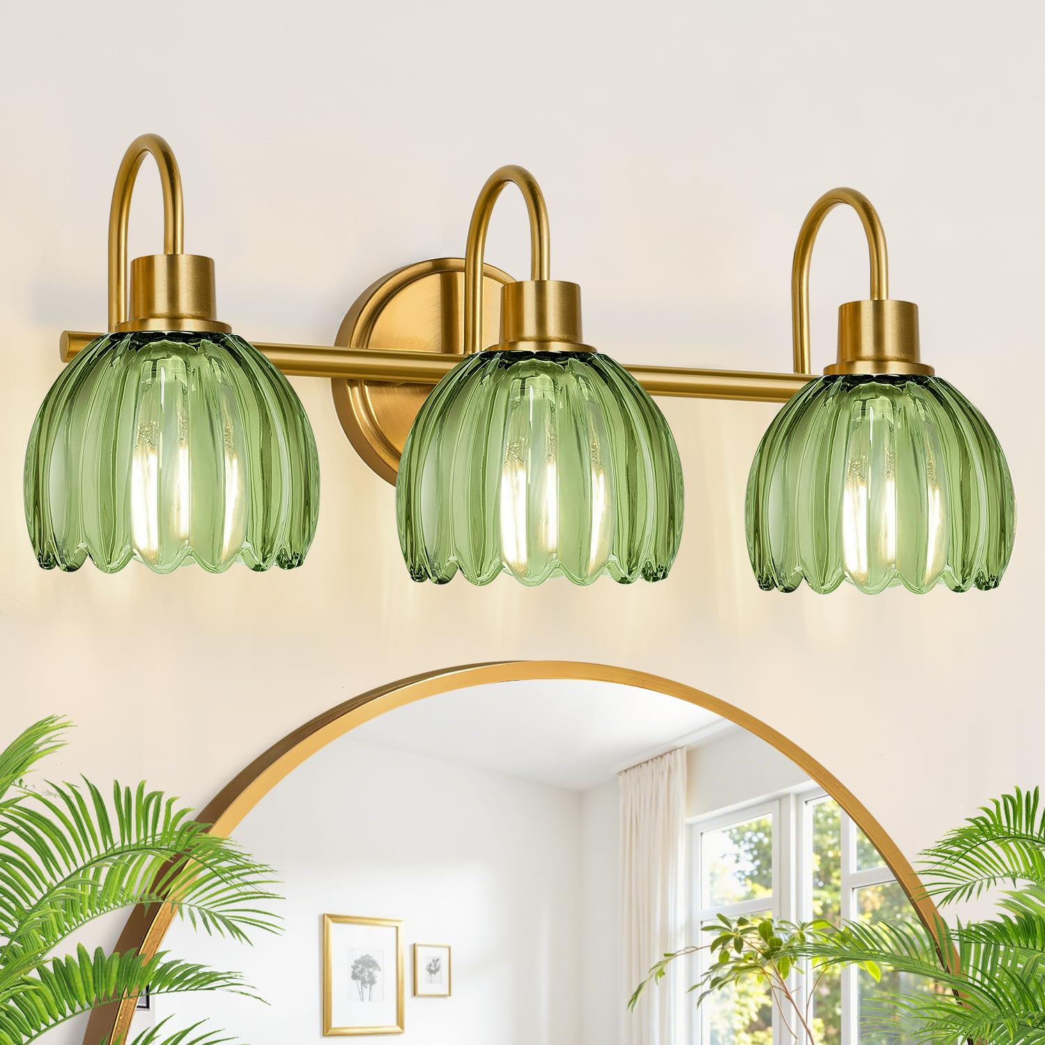 Photo 1 of Meybiok Bathroom Light Fixtures (3-Light, 20 in), Brushed Gold Vanity Lights for Bathroom with Ribbed Green Tulip Glass Shade, Vintage Vanity Wall Lights for Mirror Bedroom Living Room Hallway