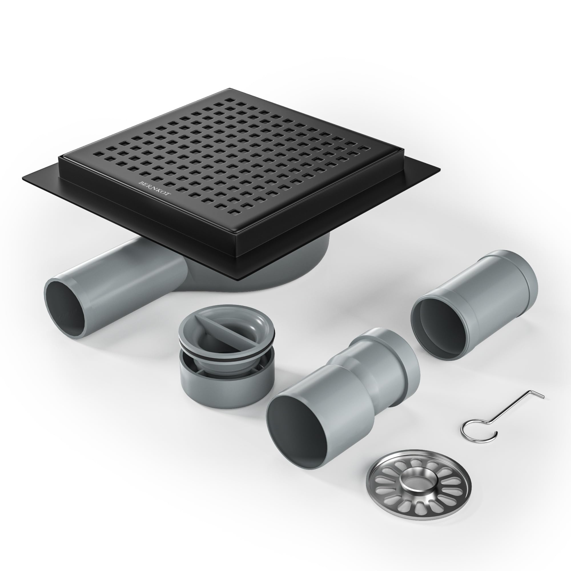 Bernkot Shower Drain Square 15 x 15 cm, 360° Siphon with Odour Stop and Hair Strainer Stainless Steel Drain Channel Floor Drain Shower Drain Very Flat DN50 DN40, Black