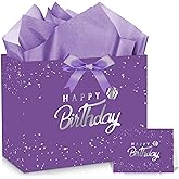 EIGHTSTATES Purple Happy Birthday Gift Bag Set for Women & Girls – Large 13” Birthday Bags with Handles, Wrapping Paper, Card & Envelope – Premium Party Favors, Decorations for All Ages