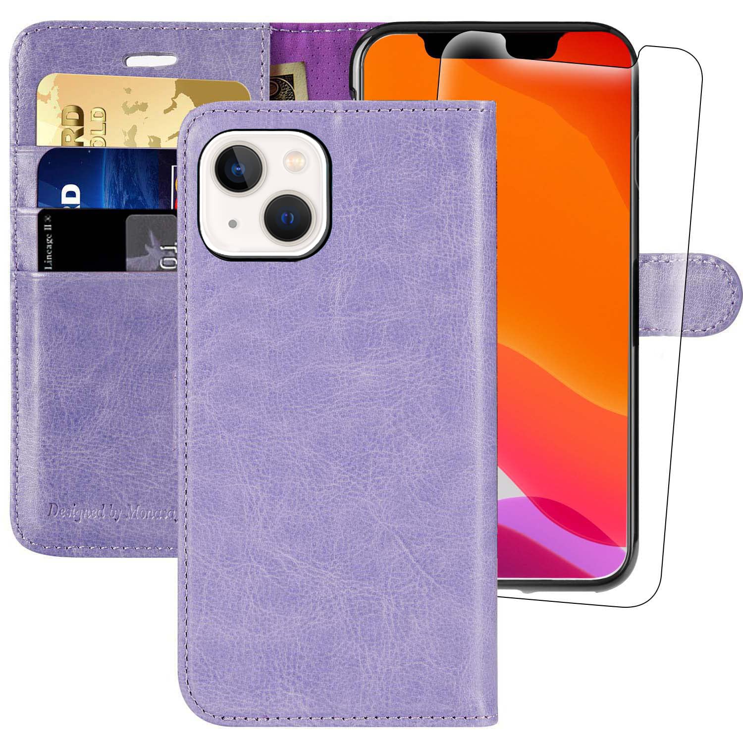 MONASAY Wallet Case for iPhone 14 5G,[Glass Screen Protector Included] [RFID Blocking] Flip Folio Leather Cell Phone Cover with Credit Card Holder，6.1-inch,Lavenders