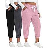Ficerd 3 Pack Women's Plus Size Capri Sweatpants Cotton Drawstring Joggers Cropped Athletic Lounge Pants with Pockets(Black, Pink, Dark Heather Gray,3XL)