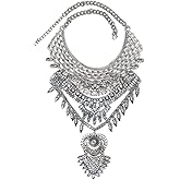 yueton Boho Coin Statement Necklace Long Tassel Chunky Necklace Vintage Gypsy Bohemian Ethnic Tribal Collar Choker Necklace for Women