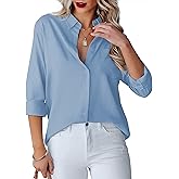 Diosun Womens Button Down Shirts V Neck Long Sleeve Office Casual Business Plain Blouse Tops with Pocket
