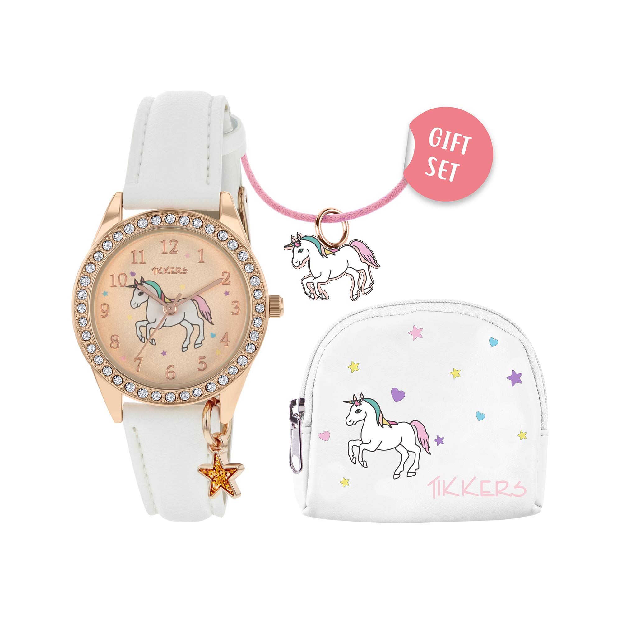 Tikkers Girls White PU Strap Unicorn Stone Set Watch Set ATK1063
