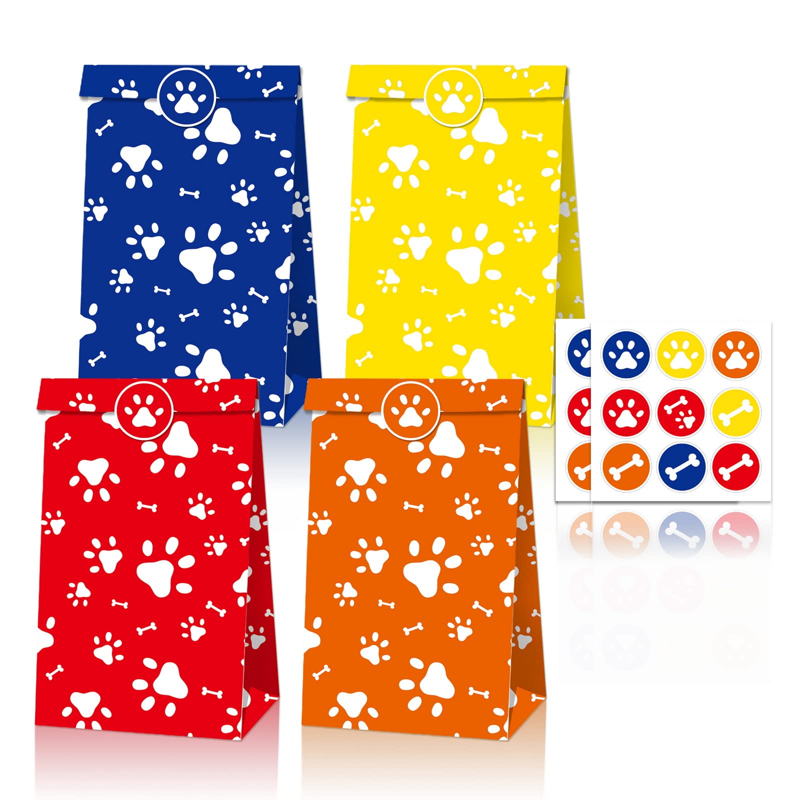 12 Pack Print Gift Bags Party Treat Bags for Dog Puppy Theme Birthday Party Decorations Goodie Bags Dog Paw Bone Pattern Candy Treat Bags with Stickers for Birthday Party