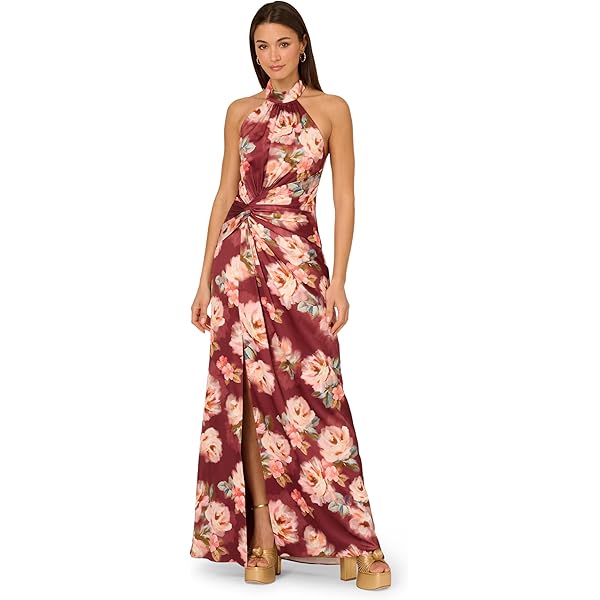 adrianna papell foil asymmetric maxi dress sage gold Adrianna Papell Asymmetric Metallic Foil Leaf Gown - Sage/Gold