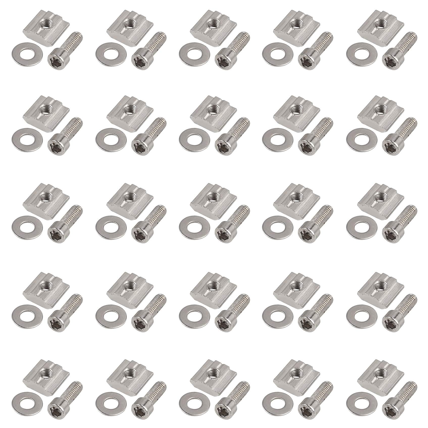 EYPINS 50 Pcs Roll-In Spring 3030 M6 T-Nut Metal Profile 8mm Slot Nuts Ball Nut8 with Washers and Screws (Nickel-Plated Steel)