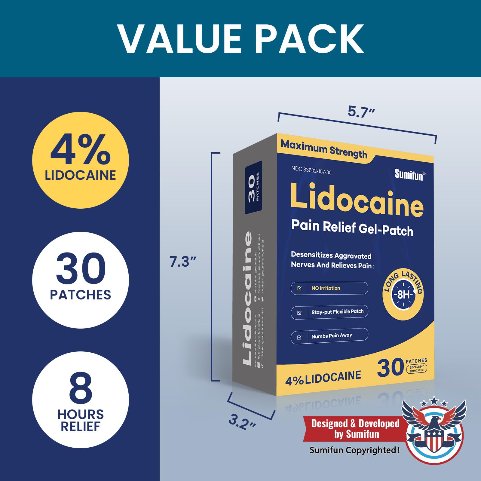 Sumifun 4% Lidocaine Pain Relief Patches 30 Count Maximum Strength Numbing Gel Patch for Back Knee Neck Joint Ache Muscle Soreness Topical Analgesic FSA or HSA Eligible