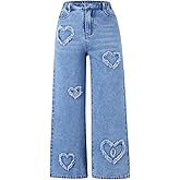 SHENHE Girl's Y2K Heart Applique Elastic High Waist Jeans Wide Leg Loose Denim Pants