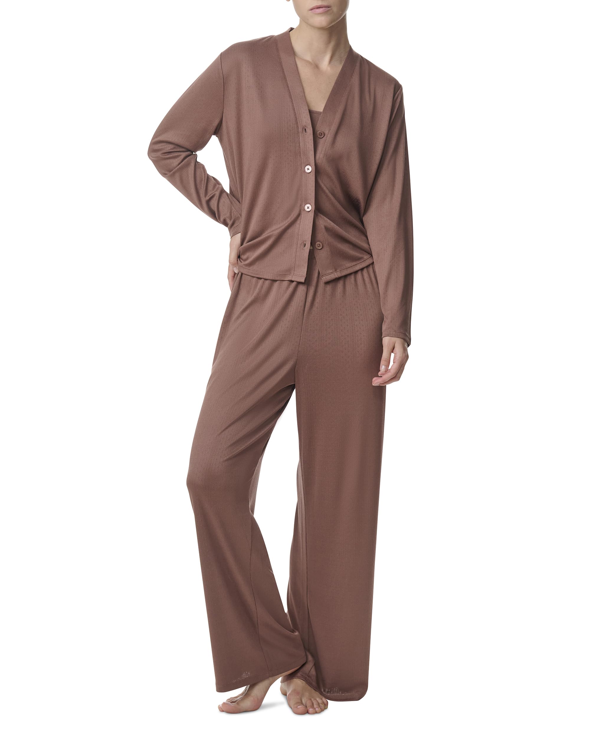 Photo 1 of (MEDIUM) (BAGGED) Splendid Women's Long Sleeve Cardigan, Crop Tank and High Waisted Pant 3-Piece Pajama Set, Nutmeg (medium)