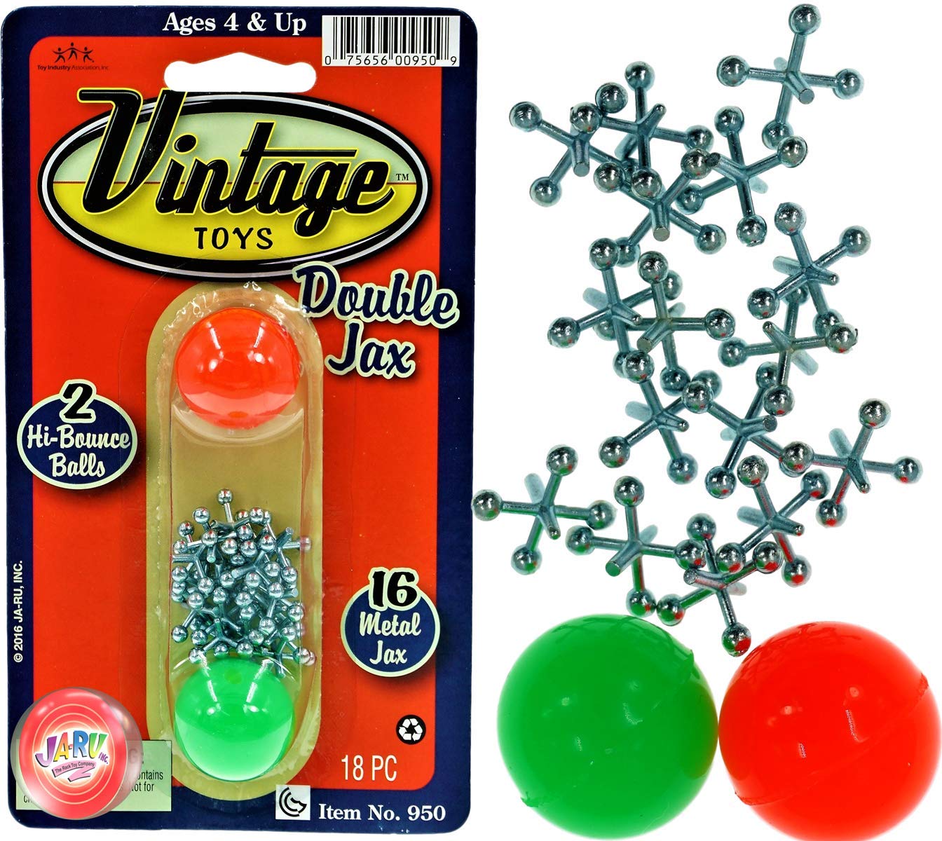 JA-RU Vintage Toys Double Metal Jacks Set (1 Pack) w/ 16 Jax & 2 Bouncy Balls. Classic Mini Game for Kids. Bulk Party Favors, Pinata Filler, Birthday Stocking Stuffers. Cat Toy 950-1B