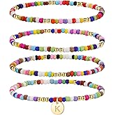 Turandoss 4PCS Colorful Beaded Initial Bracelets for Women Teen Girls - Cute Stretch Beaded Bohemian Disc Initial A-Z Stackable Bracelets Jewelry for Girls Women Teens Birthday Gifts