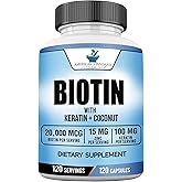 American Standard Supplements Biotin 20,000mcg with Keratin, Coconut Powder and Zinc, Biotin Supplement for Women and Men,120 Veggie Capsules, 120 Day Supply