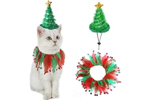 Cat Christmas Costume Suit, Hmxpls Small Dogs & Cats Tutu Collar and Green Shiny Hat Cute Costume Suit Kitten Outfit Clothing for Birthday Party Thanksgiving Christmas Holiday