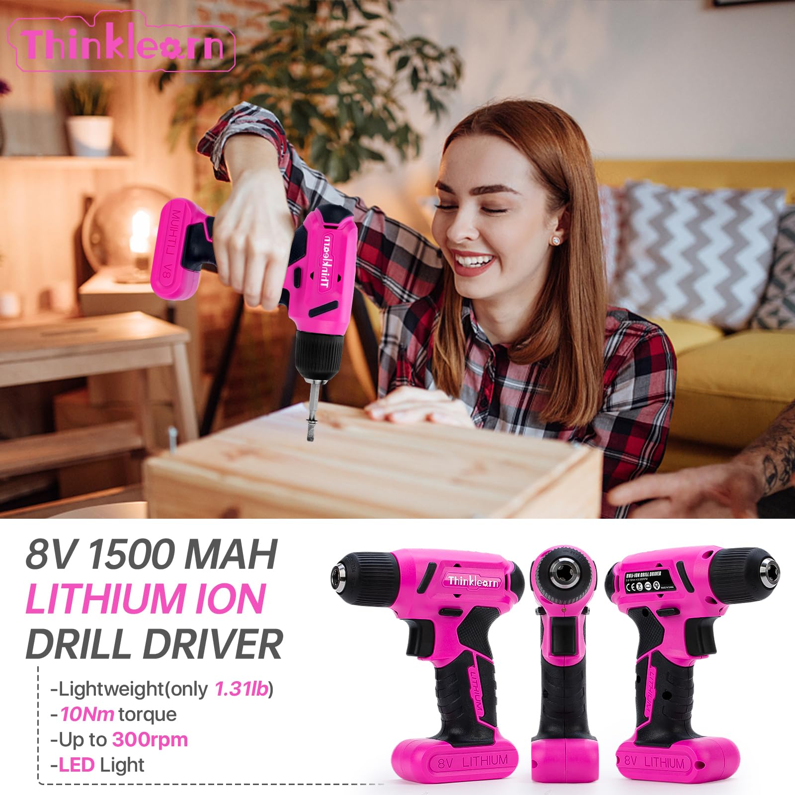 8V Pink Cordless Drill Set, 64 Pcs Pink Power Drill Tool Kit for Women, 3/8