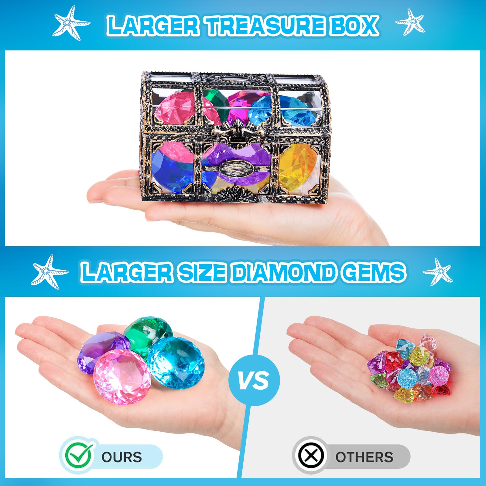 Diving Gem Pool Toy 10PCS DISHIO Big Colorful Diamond Diving Toy with Treasure Box Chest Pirate Pool Toys for Kids Toddlers Underwater Sinking Dive Gemstone for Swimming Bath Birthday Party Decoration