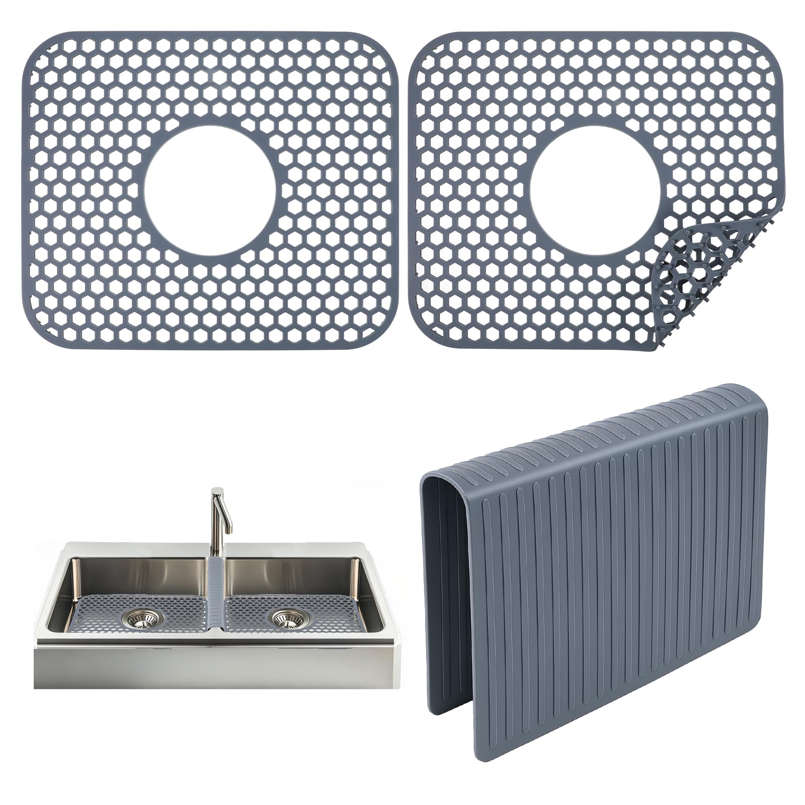 Photo 1 of 3pcs Grey Kitchen Sink Mats and Sink Saddle Set,13.38 X 11.4inch Non-Slip Heat Resistant Silicone Sink Mat Sink Bottom Grid Sink Divider Center Drain