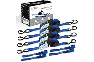 AUTOFONDER NeatStrap Ratchet Strap with Safety Lock Chromoly S Hooks-1,500lbs Break Strength-Motorcycle, Kayak Ratcheting Straps 1" x 15' Soft Loop Tie-Downs for Pickup Bed,Moving Truck,Trailer(4PK)