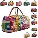 Hippie Van Quilted Duffle Bag, Boho Travel Weekender Bag with Strap, Retro Style for Everyday Travel