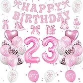 Miidenks 23rd Birthday Decorations for Women, Pink Bow Coquette 23 Birthday Balloons Set,33 Pieces, Includes Banner, Hanging Swirls, Balloons, Perfect for Women's Party