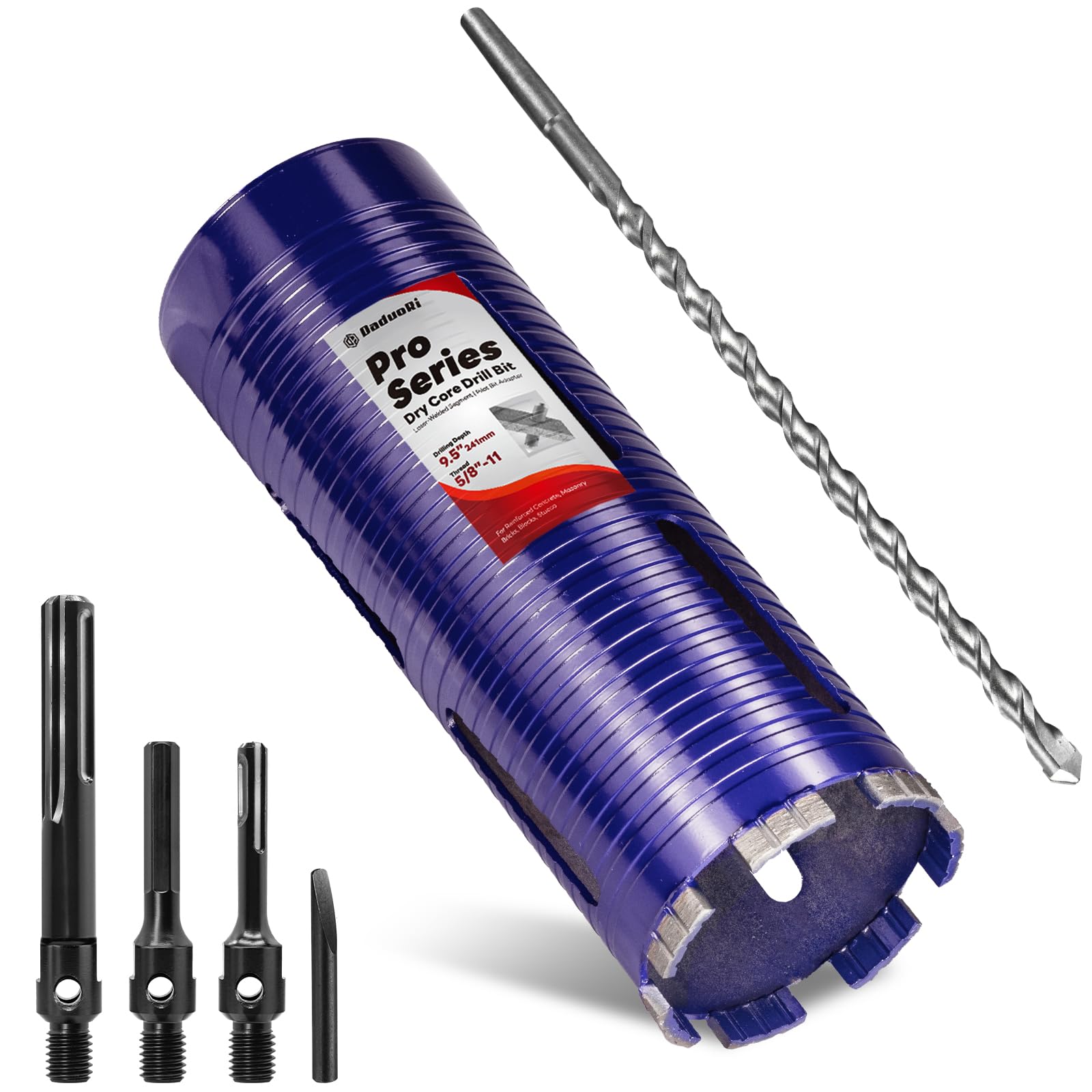 Photo 1 of DaduoRi 3-1/2" Pro Dry Core Drill Bit with Pilot Bit & 3 Adapters (SDS Plus/SDS Max/1/2 Hex), Upgraded-Welded Core Bits for Concrete with Rebar, Masonry, Brick, Mortar - 9.5" Depth, 5/8"-11 Thread