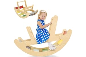Belleur Large Rocking Horse for Toddlers, Wooden Rainbow Arch Rocker with High Handle & Backrest, Montessori Balance & Riding