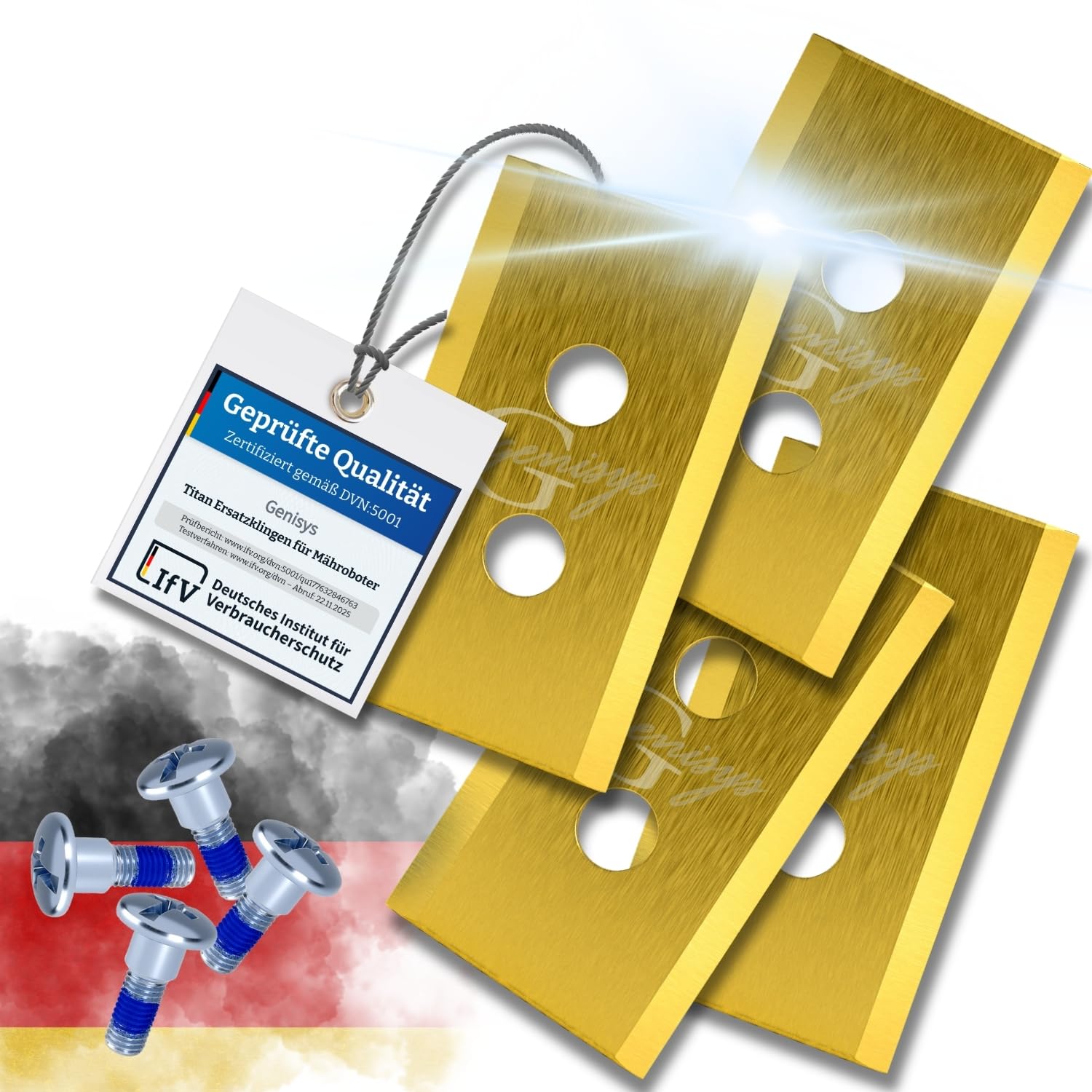 G greengrass tools Titanium Blade Compatible with Mammotion Luba and Compatible with Yuka Robotic Lawnmower Replacement Blades - LongLife - Double Hole - Shatterproof [DIN EN 50636 Tested], Piece: 24,