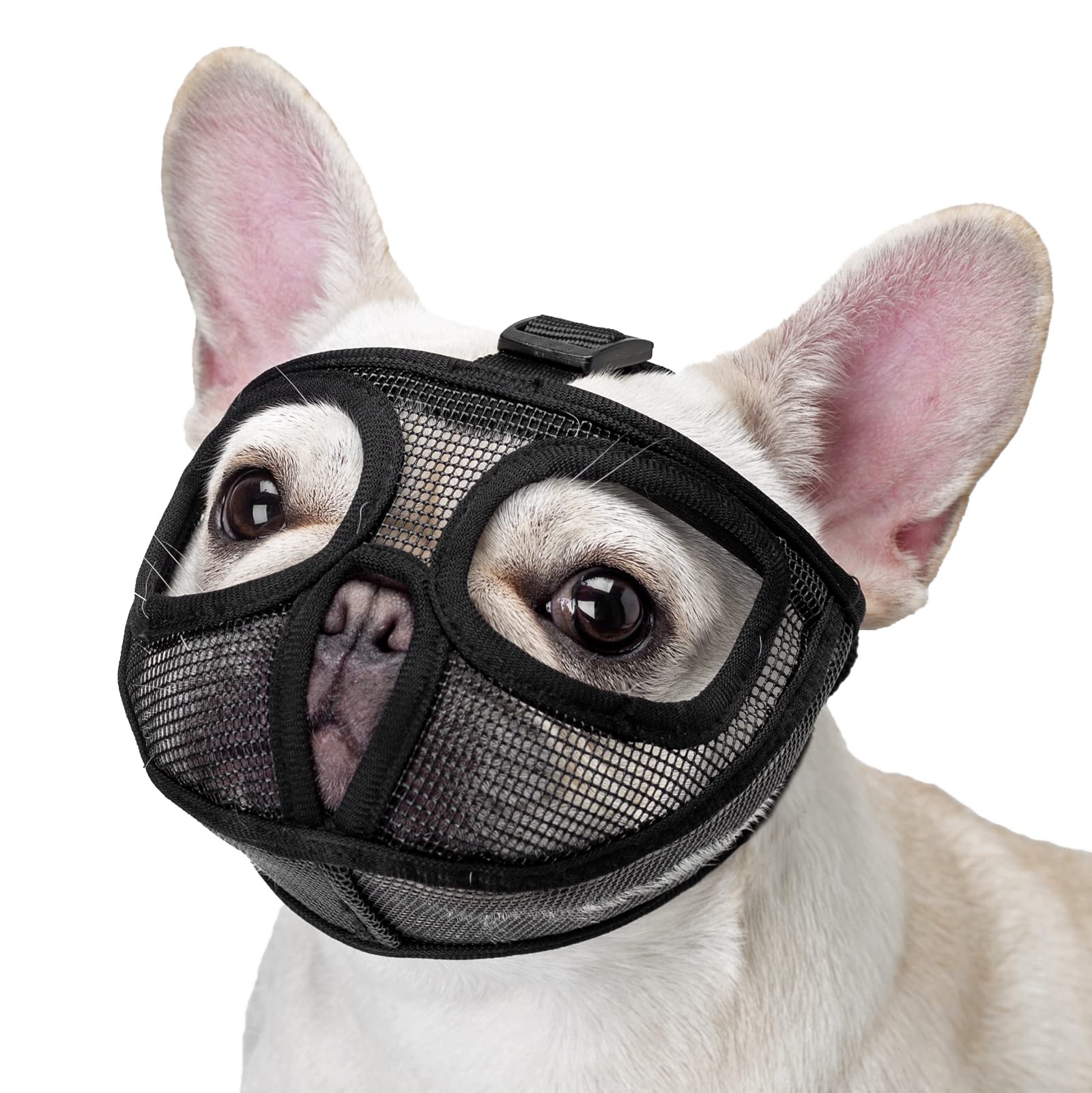 Photo 1 of Ohcozzy Short Snout Dog Muzzle, Soft Mesh French Bulldog Muzzle with Enlarged Eye Hole to Prevent Eating Biting Licking(L,Black)