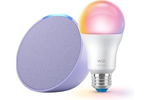 Echo Pop (newest model) with WiZ 60W A19 LED Smart Color Bulb - Connects to Your Wi-Fi - E26 Base - Control with Voice or App - Matter Compatible