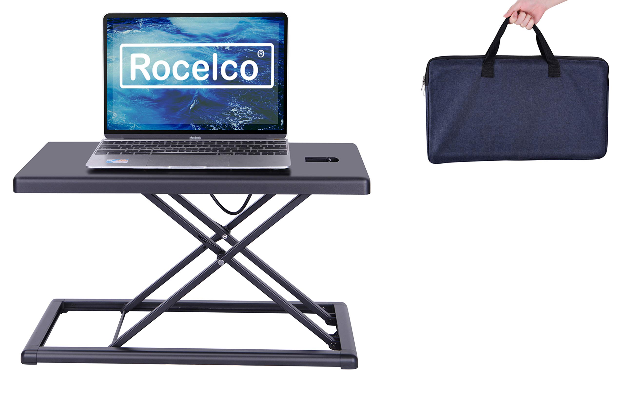 Rocelco 19" Portable Laptop Riser, Height Adjustable Travel Standing Desk Converter, Premium Compact Sit Standup Keyboard Monitor Rising Workstation with Carry Bag, Black