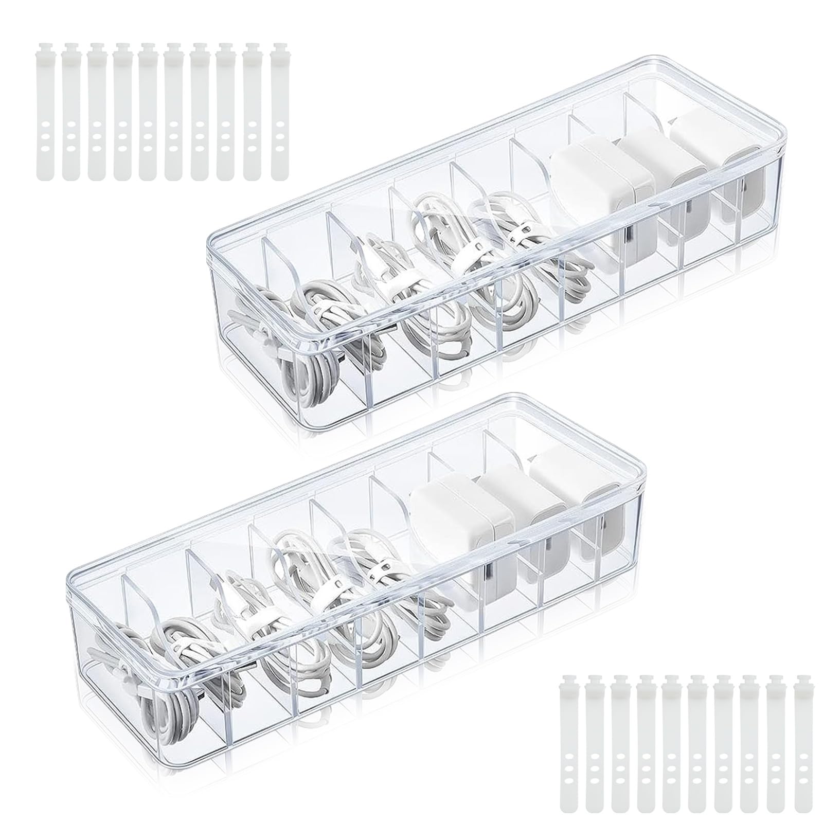 Photo 1 of Oungy 2 PCS Plastic Cable Management Box, Clear Cable Organizer Cable Storage Box with Lid and 20 Wire Ties, Cord Storage Charger Organizer with 8 Compartment for Office Desk Drawer Organizers